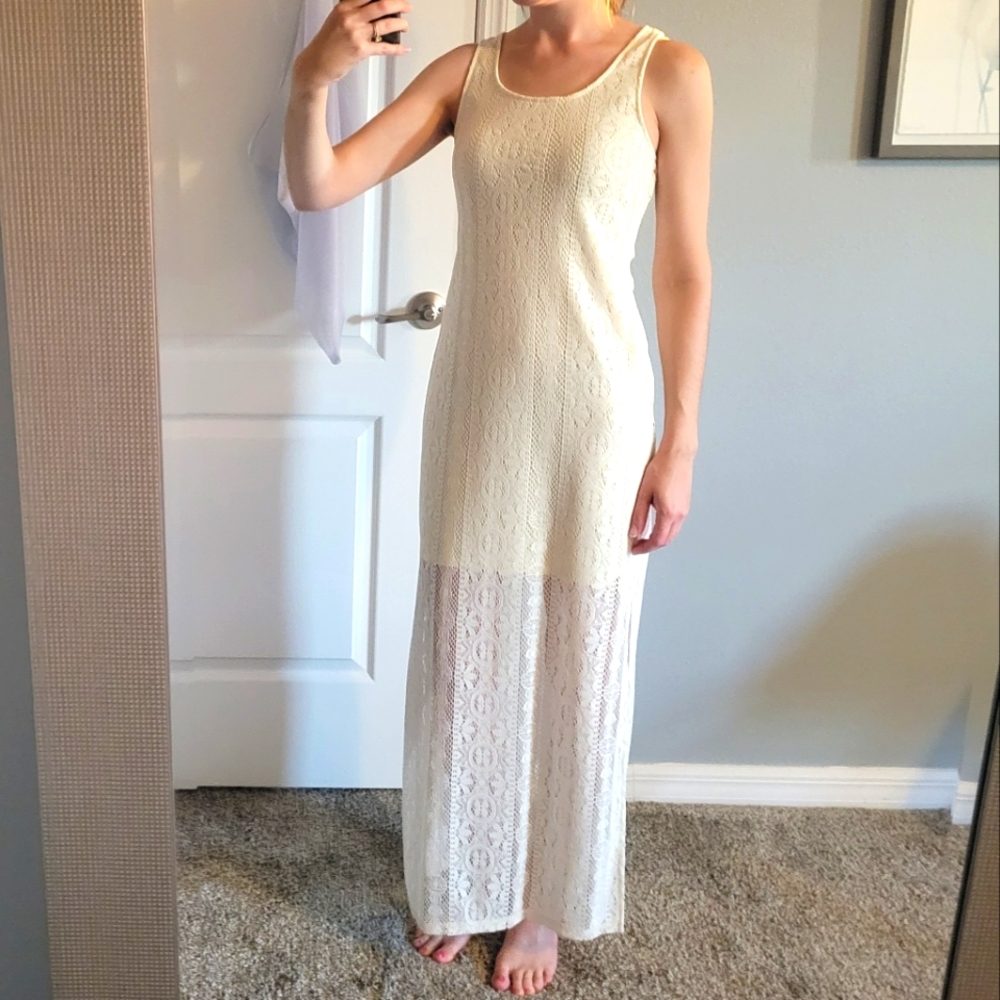 NO BOUNDARIES- Cream lace, sleeveless maxi dress with sheer bottom